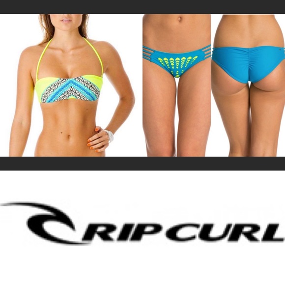 Blue and Neon Yellow Strappy Rip Curl Bikini, Sz M - Picture 1 of 13